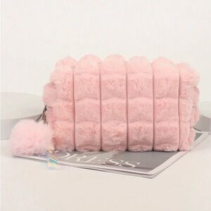 New Pink Plush Makeup Bag with Pom-Pom & Handle. Soft Pink Cosmetic Pouch